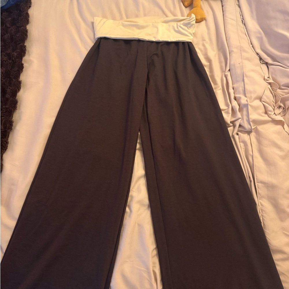 SHEIN Cream and Brown Fold-Over Wide-Leg Pants